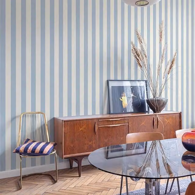 Grandeco Maison Vertical Stripes Wallpaper in Blue and White