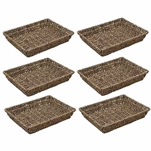 JVL Hand Woven Seagrass Rectangular Storage Trays, Set of 6, Brown/Beige, H: 6 cm x W: 33 cm x D: 25 cm