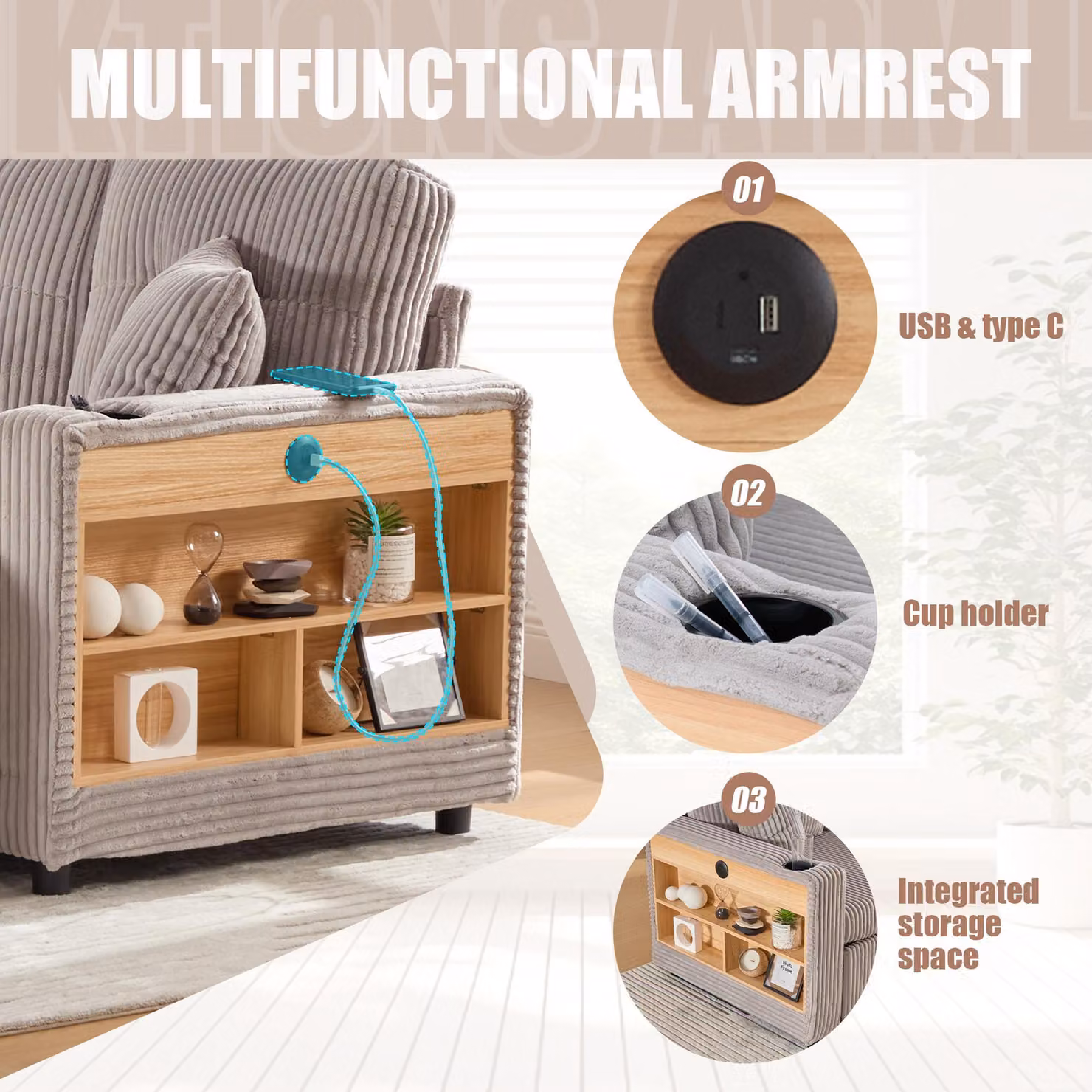 Aosom UK Multifunctional Corduroy Sofa Bed with Hidden Storage, LED Lighting, USB Charging and Cup Holders, Light Grey, W: 196 cm, D: 82 cm, H: 85 cm – 3