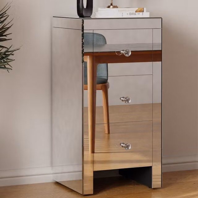 Comfy Living Silver Mirrored 3 Drawer Bedside Table with Glossy Glass Top