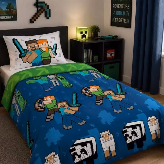 Minecraft Blue Reversible Polycotton Duvet Cover and Pillowcase Set, W: 135 cm, H: 200 cm