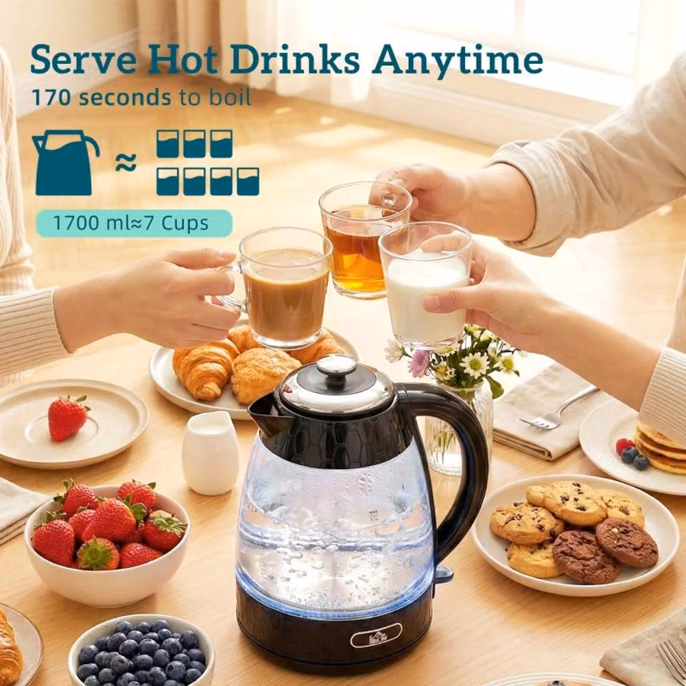 HOMCOM Black Kettle and Toaster Set with 1.7L Rapid Boil Glass Kettle – 3