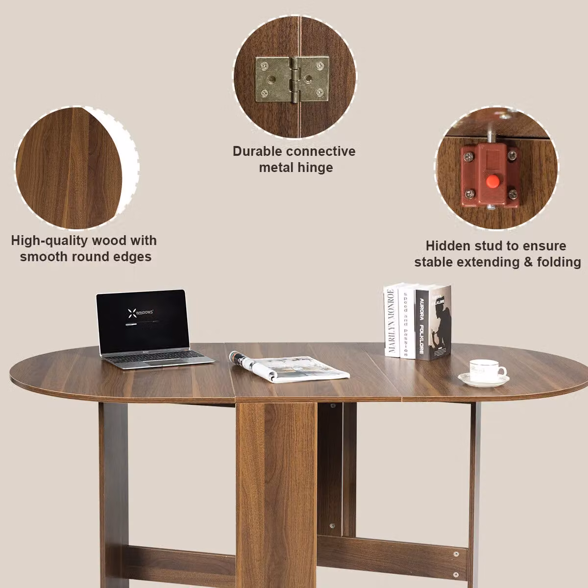 Costway 3-in-1 Folding Drop Leaf Dining Coffee Table and Writing Desk in Brown – 5