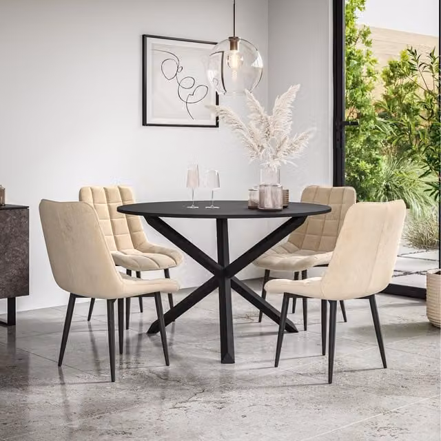 More4Homes Malvern Round Black Dining Table Set with Black Oak Legs and 4 Beige Nova Velvet Chairs