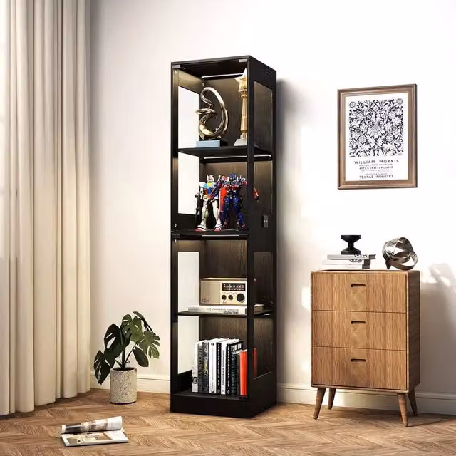 EONLION Modern Black Tall Display Cabinet with Integrated LED Lighting and Glass Doors, Height: 100 cm
