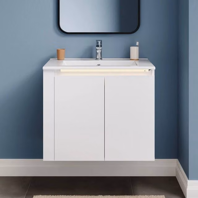 FORGEVIO White Glossy Wall Mounted Bathroom Vanity Unit with Integrated LED Light and Internal Shelves
