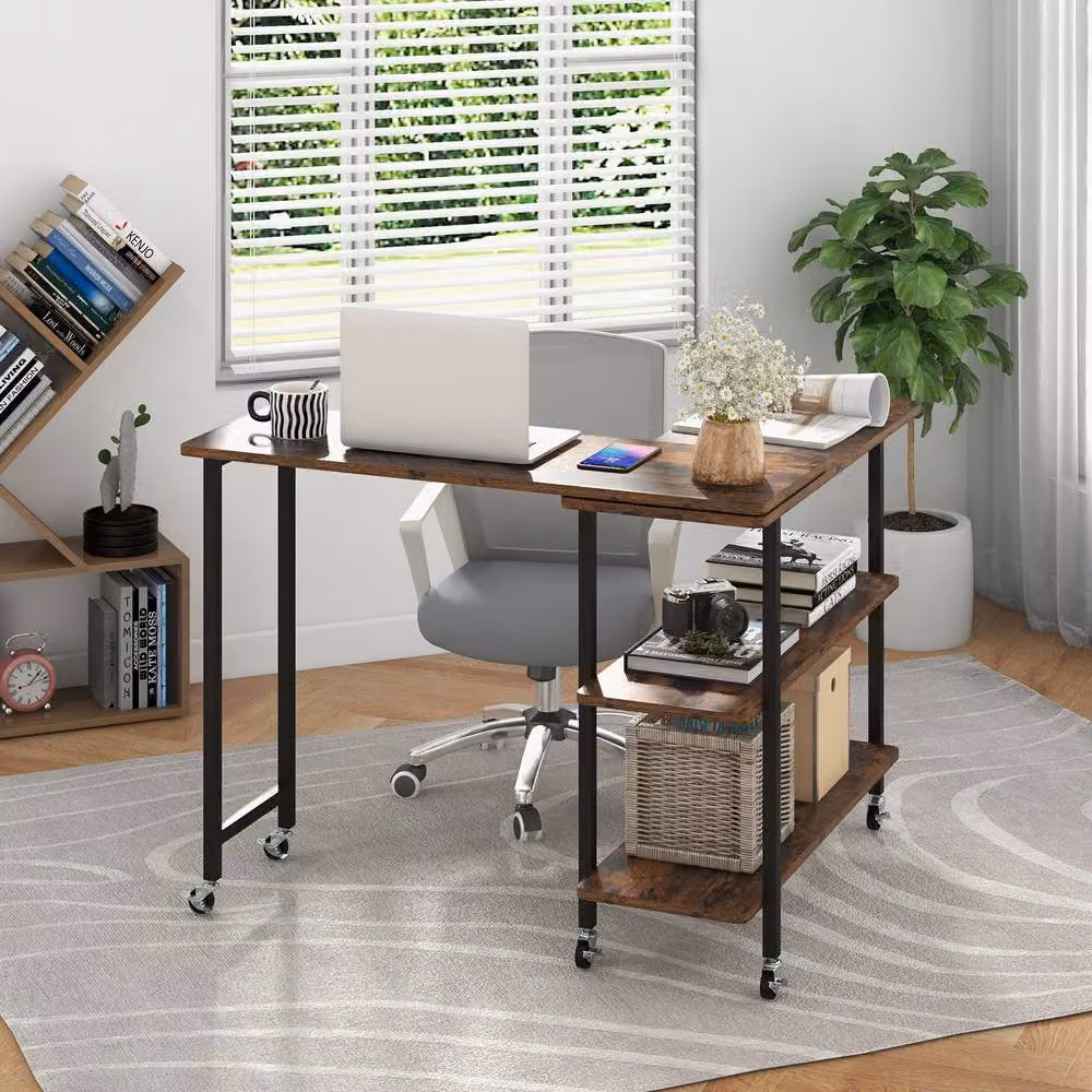 Costway L-shaped Mobile 360 Rotating Corner Computer Desk in Brown – 3
