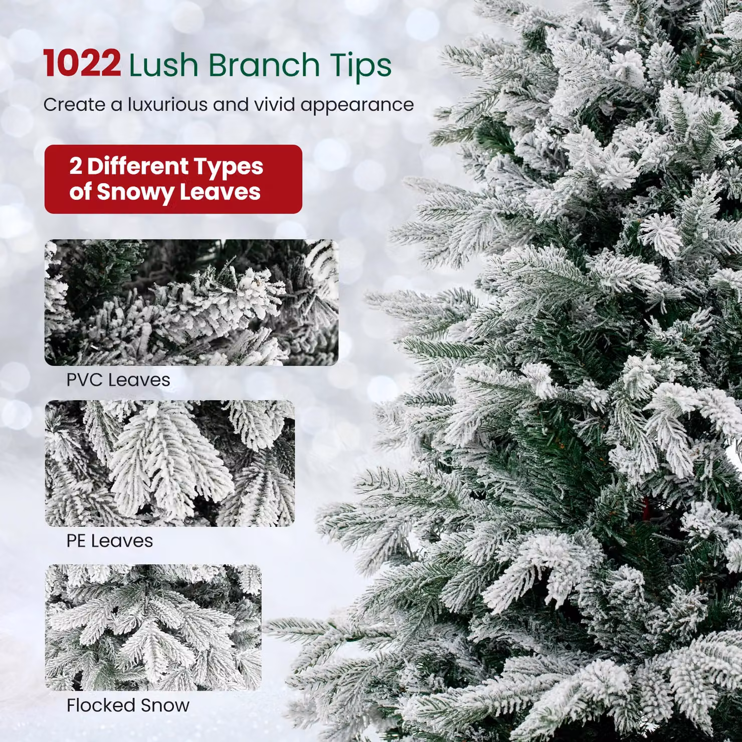 Gymax Pre-Lit Flocked Christmas Tree with 1022 Tips and 350 LED Lights, Green, Height: 180 cm – 2