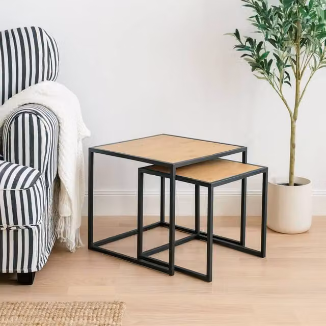 Wyld Haus El Paso Set of 2 Nesting Tables with Black Metal Frame and Natural MDF Laminate Tops