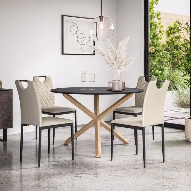 More4Homes Malvern Round Black Dining Table Set with Solid Oak Legs and 4 Beige Monza Linen Chairs