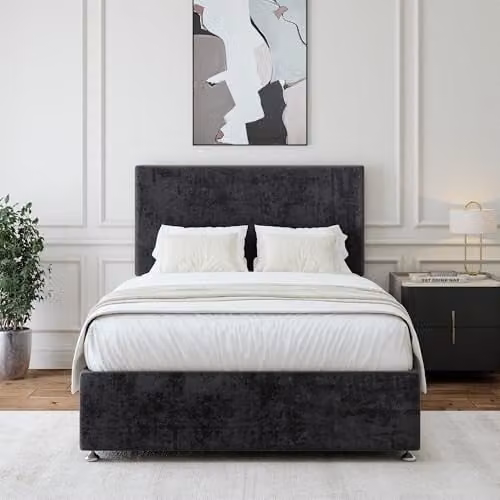 Bedmaster Naples Black Velvet Divan Bed Base with Plain Headboard, W/D/H: 140 x 200 x 45 cm
