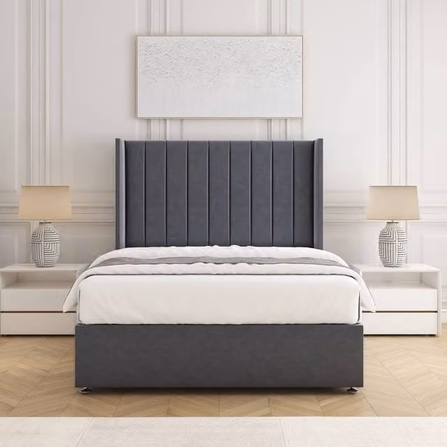 BSSPOKE Hannah Single Divan Bed Set with 54 inch Headboard and Mattress in Charcoal Plush Velvet
