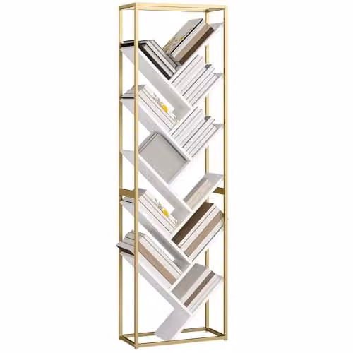 HOMCOM 10 Tier Tree Bookshelf Tall Display Bookcase in White and Gold Tone, H: 170 cm, W: 50 cm, D: 24 cm – 1