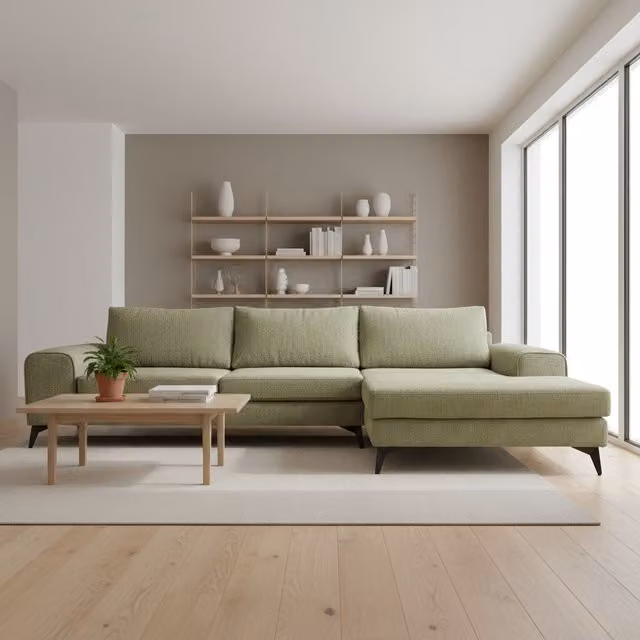 Abakus Direct Venice Right-Facing Corner Sofa in Olive Green Fabric with Deep Seats and Extra-wide Padded Arms