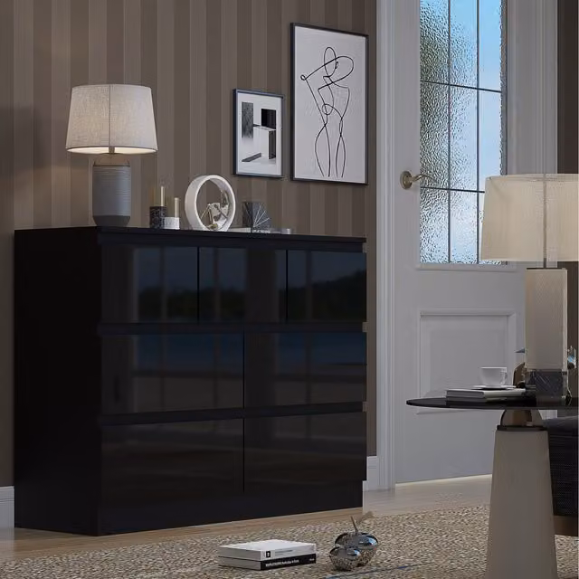 FWStyle 7 Drawer Merchant Chest in Black Gloss Modern Deep Furniture