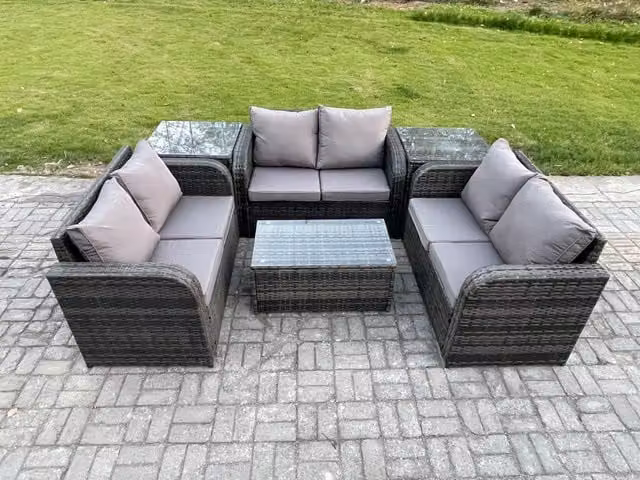 Fimous 6 Seater Wicker Rattan Garden Furniture Set with Love Sofa, Coffee Table and 2 Side Tables in Dark Grey