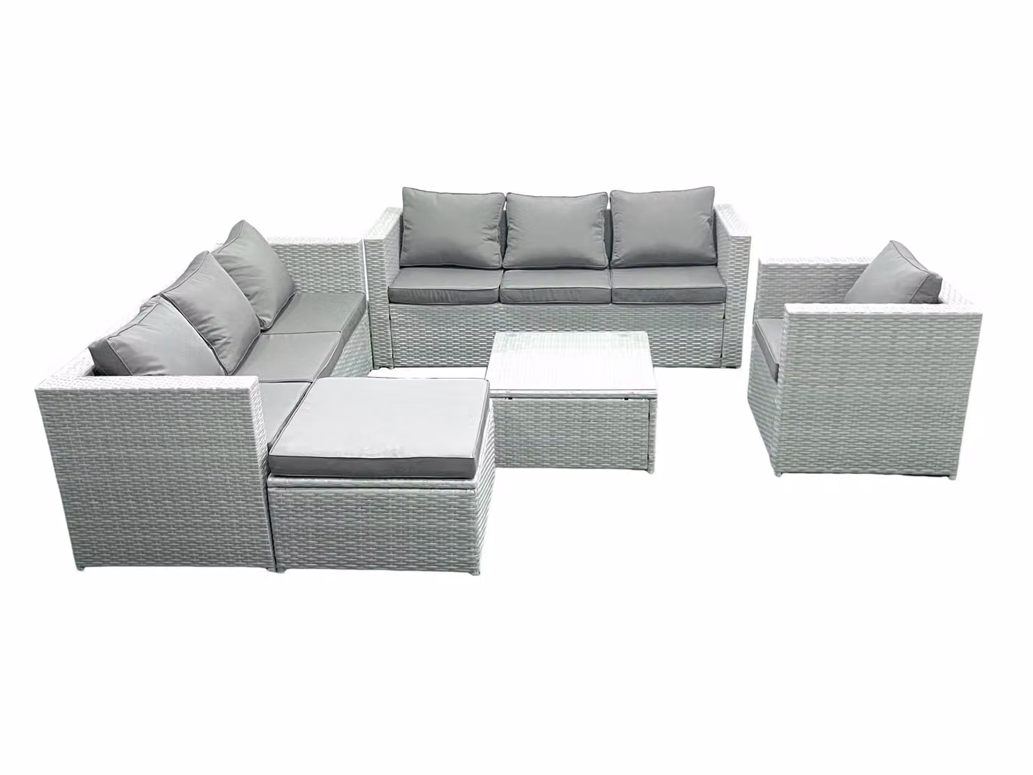 Fimous Wicker PE Rattan Garden Furniture Set in Light Grey with Armchair, Square Coffee Table and Large Footstool – 2