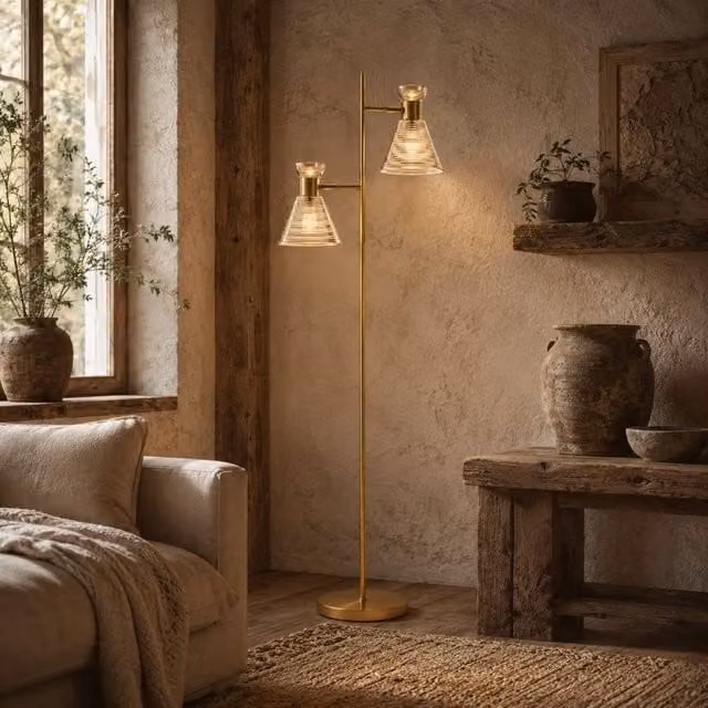 Wyld Haus Luno Dual Head Floor Lamp in Gold and Amber with Ribbed Glass Shades, H 165 cm x W 25 cm x D 25 cm – 1