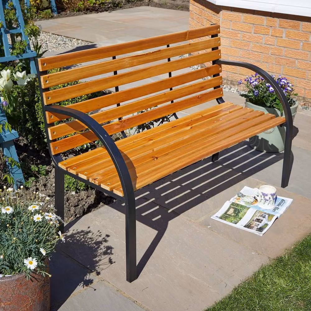 Home Source 2 Person Garden Bench with Metal Frame and Natural Curved Wooden Seats, Black, W/D/H: 122 x 60 x 80 cm – 4