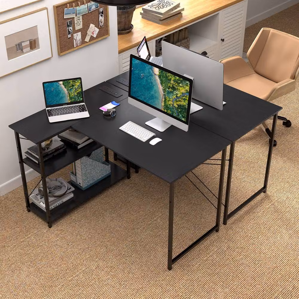 Costway L-shaped Corner Computer Desk with Power Outlet and Reversible Shelves in Black – 5