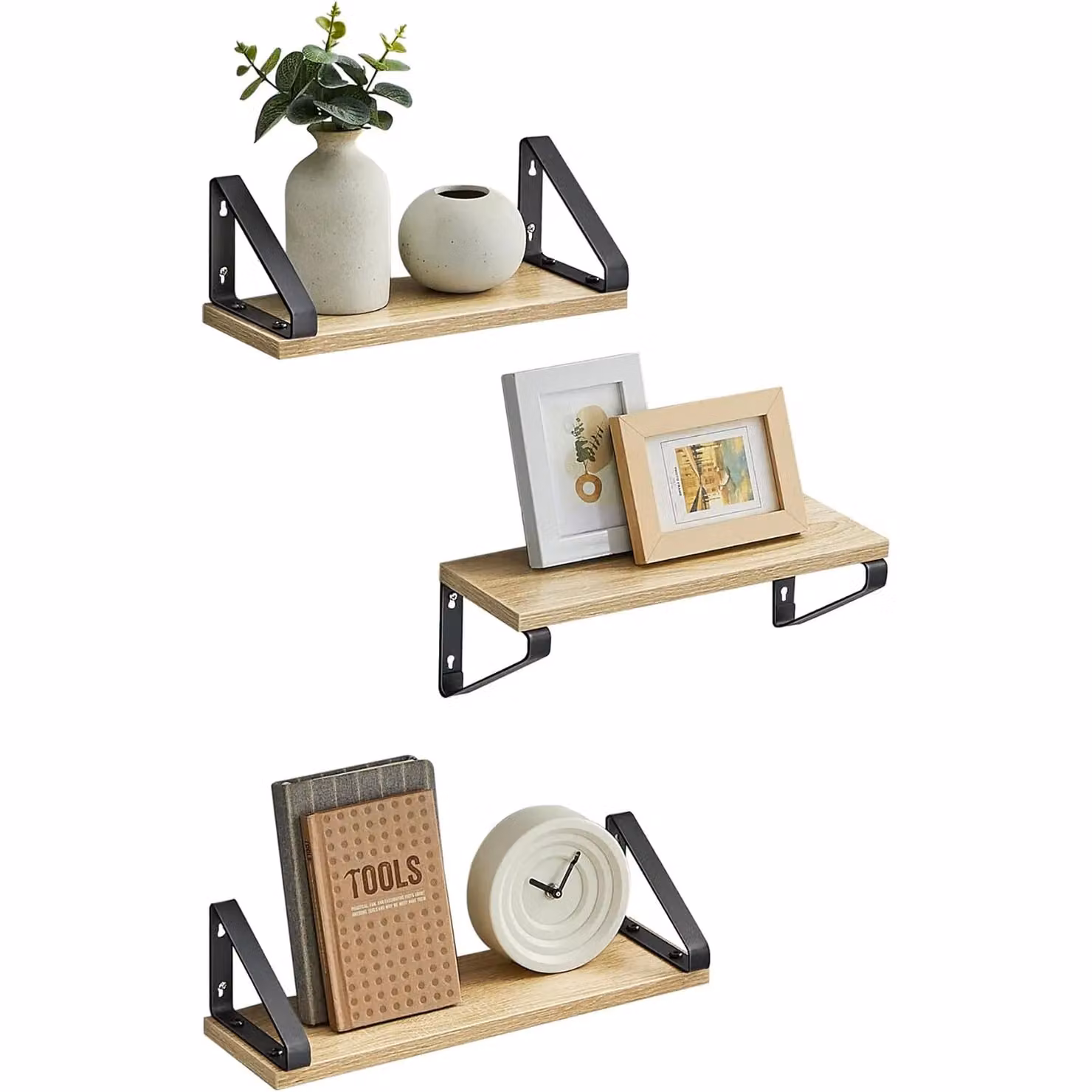 VASAGLE 3 Piece Set of Modern Wall Mounted Floating Display Shelves in Natural Wood and Metal – 2