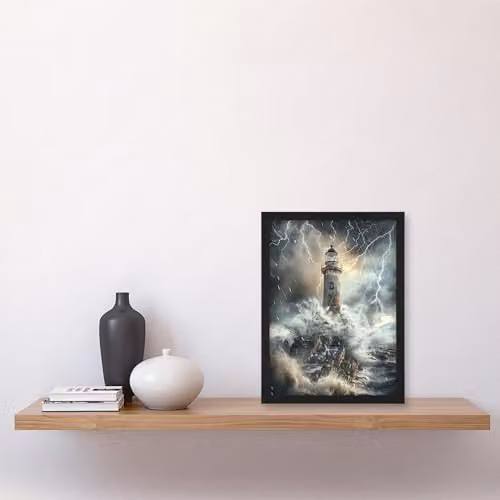 Artery8 Lighthouse Thunderstorm Sea Crushing Waves Framed Wall Art Print, Blue, A4 – 4