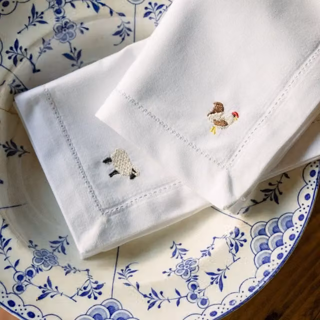 Mafra White Cotton Rustic Table Linen with Embroidered Farm Animals, W/D/H: 50 x 50 x 6 cm