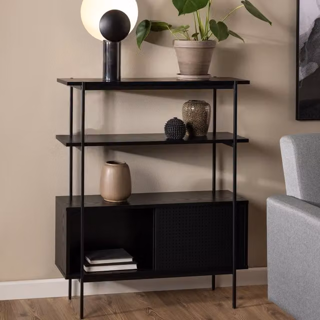 Furniture To Go Angus Small Black Bookcase with 2 Sliding Doors and Internal Shelves