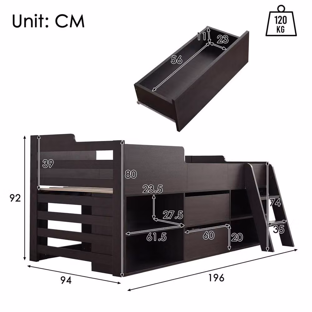 FORGEVIO Solid Wood Mid Sleeper Cabin Bed Frame with Drawers and Bedside Shelf, Dark Grey, W/D/H: 120 x 60 cm – 2