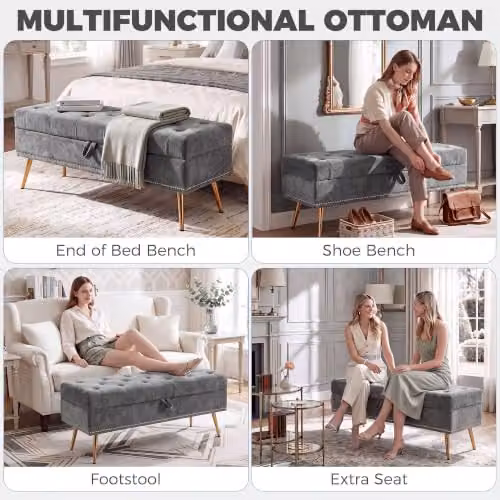 HOMCOM Grey Upholstered Storage Ottoman, W: 114 cm, D: 41 cm, H: 45 cm – 6