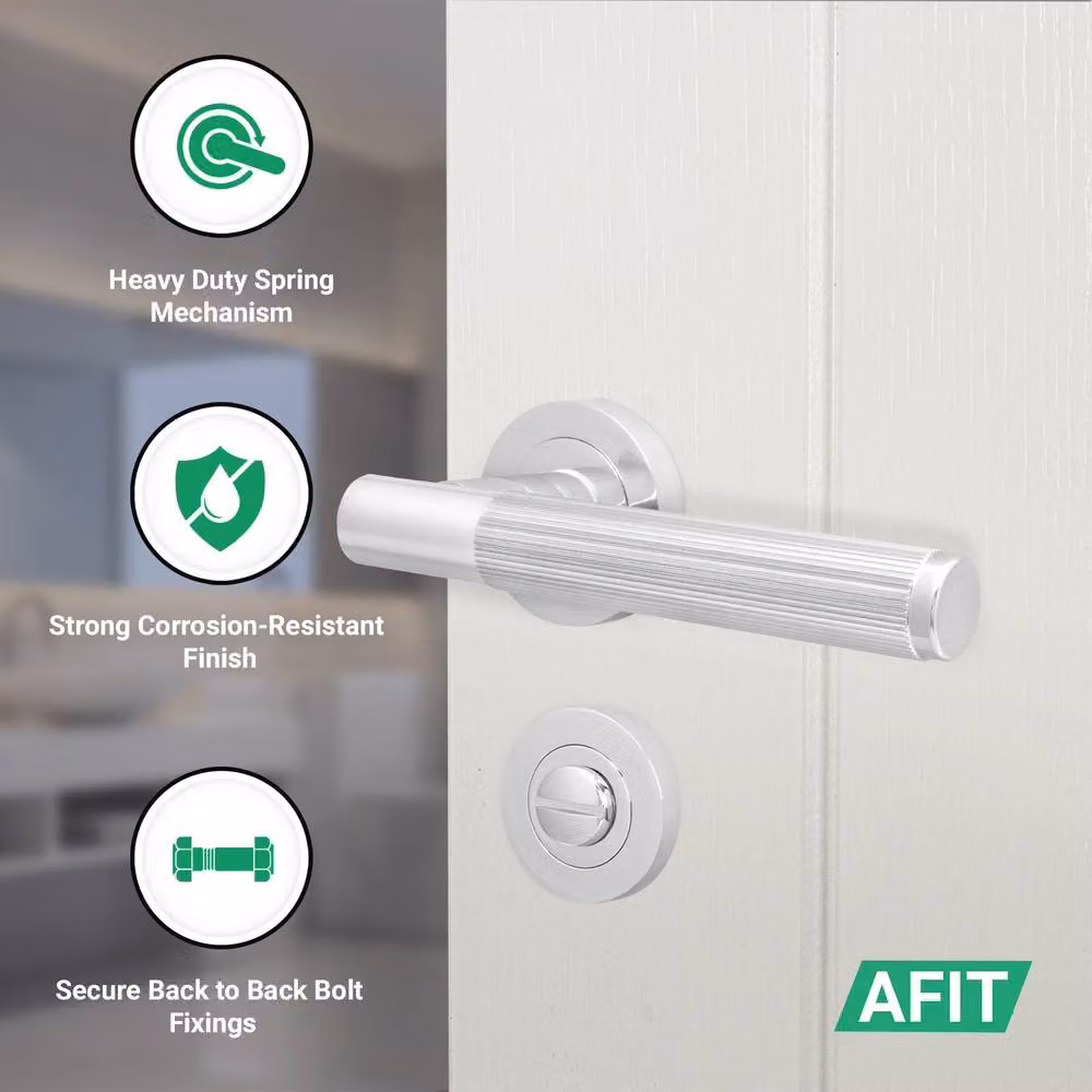 AFIT Polished Chrome Bathroom Door Handle Set with Lock and Hinges in Silver – 2