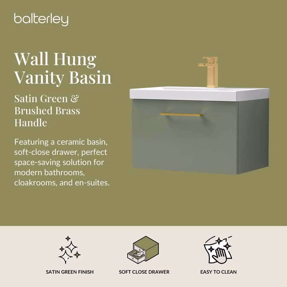 Balterley 600mm Wall Hung 1 Drawer Vanity Basin Unit in Satin Green with Brass Handle – 2