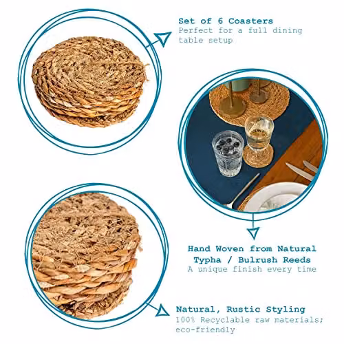 Argon Tableware Round Woven Typha Coasters, Brown, Pack of 6, Diameter: 10 cm – 4