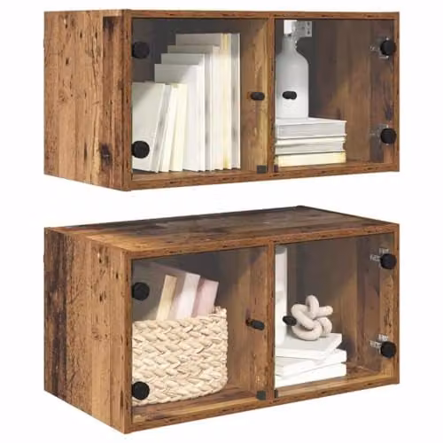 vidaXL Set of 2 Modern Wall Mounted Cabinets with Glass Doors in Brown, W/D/H: 68 x 37 x 35 cm