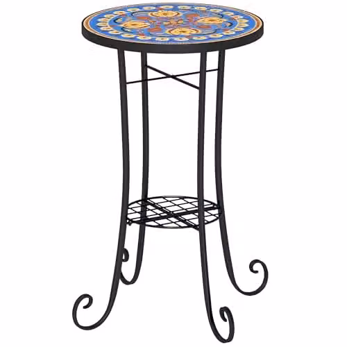 Outsunny Blue Mosaic Garden Bistro Table with Shelf, Round Ceramic Top