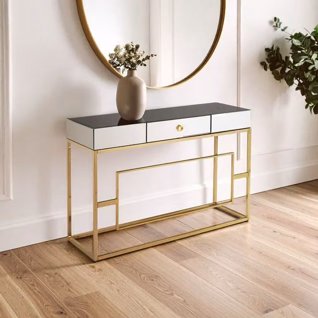 Orsina Vintage Design Console Table with Black Mirrored Glass Top and Gold Finish, W: 120 cm, D: 38 cm, H: 78 cm – 1