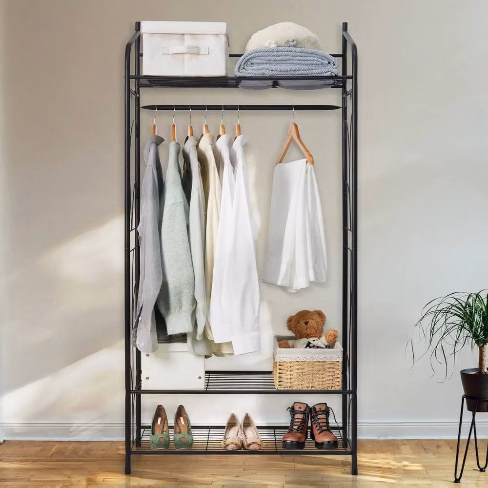 KORVIXA Industrial Open Wardrobe Garment Rack with Shoe Storage in Matt Black, Width: 90 cm – 3