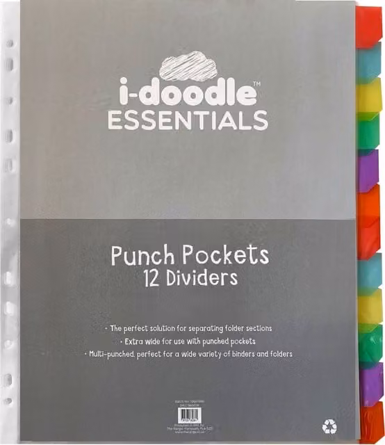 idoodle Essentials Transparent Multicolour Plastic Punch Pockets with 12 Tabbed Dividers