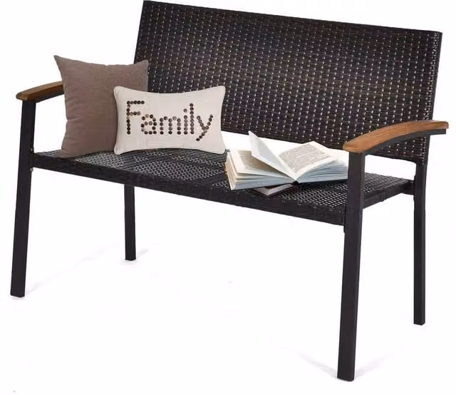 Kelvenix Brown Stackable Outdoor Garden Bench with Acacia Wood and Rattan Details – 1