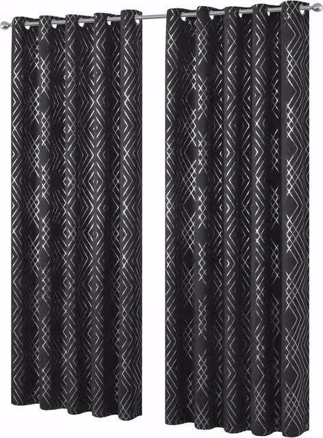 NewEdgeBlinds Modern Graphic Blackout Eyelet Fabric Curtains, Black, W: 167 cm, H: 183 cm