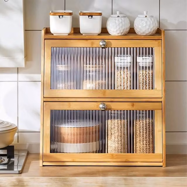 Kelvenix 3 Tier Wooden Bread Box in Brown and Sand