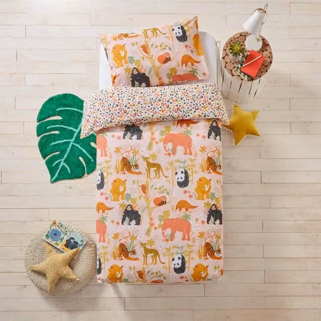 Furn Reversible Pink and Multicolour Endangered Animals Cotton Duvet Cover Set for Children