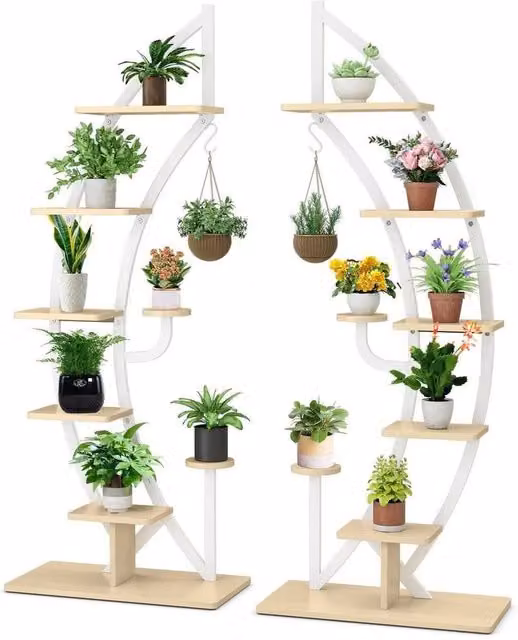 Havendro 2-Piece White Half Moon Curved 8-Tier Wooden Plant Ladder Stand – 1