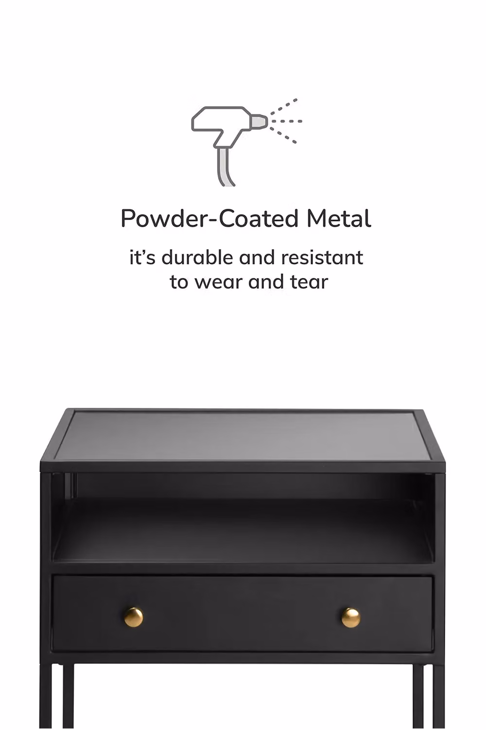 MH London Hale Bedside Table with Drawer and Open Storage Shelf in Black and Gold Metal and Toughened Glass – 5