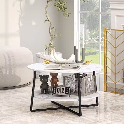 HOMCOM 2-Tier Round Coffee Table with Storage Shelf, White – 2