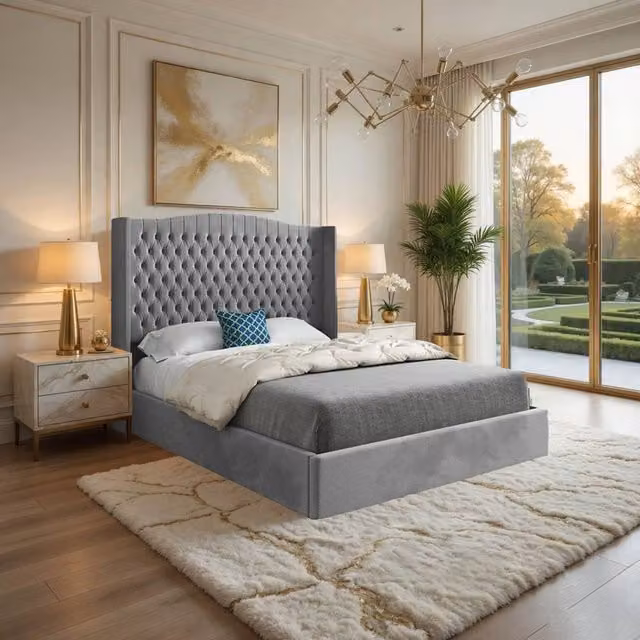 Casani Rowledge Winged Upholstered King Size Bed Frame in Grey Soft Velvet – 1