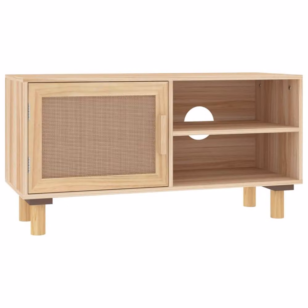 Berkfield Home TV Cabinet in Brown and Light Tan, Solid Pine Wood with Natural Rattan, W/D/H: 80 x 30 x 40 cm – 3