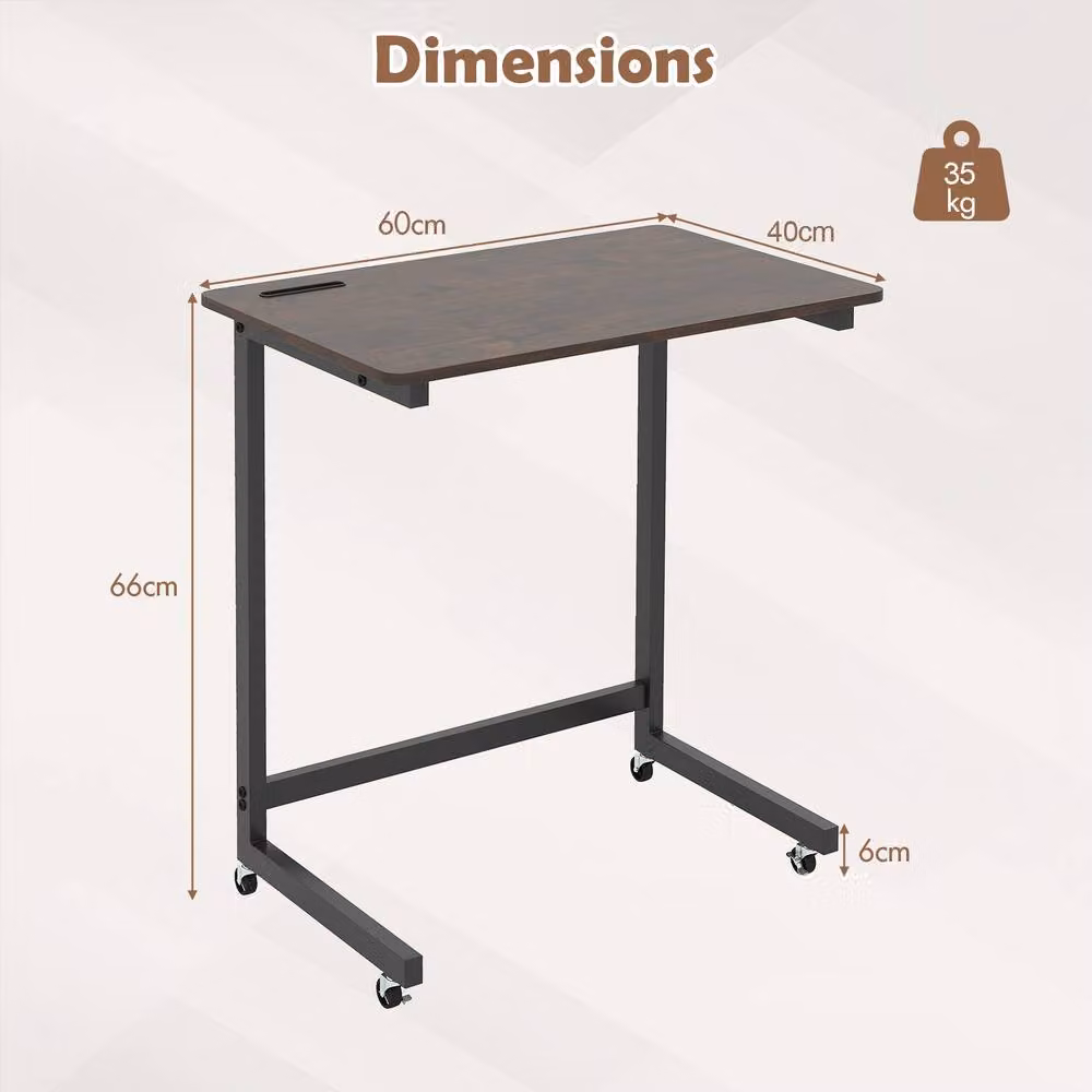 Gymax C-shaped Mobile Bedside Table with Castors, Brown, H: 66.0 cm x W: 60.0 cm x D: 35.0 cm – 2