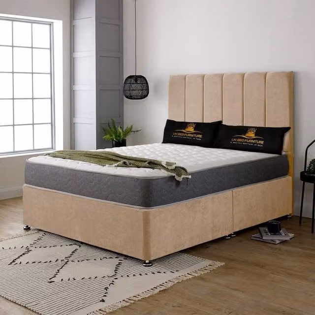 UK Bed Furniture Savannah Divan Bed with 2 Drawers and 26 Inch Headboard, Beige, King Size, W/D/H: 180 x 200 cm