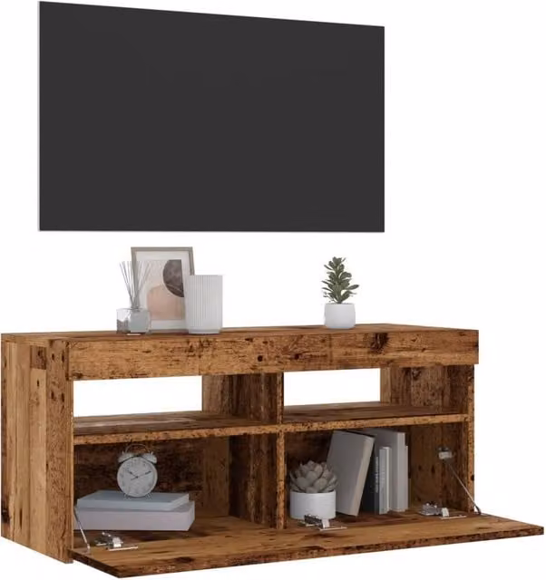 Berkfield Home Modern TV Cabinet with Integrated LED Lights in Brown, W/D/H: 90 x 35 x 40 cm – 1
